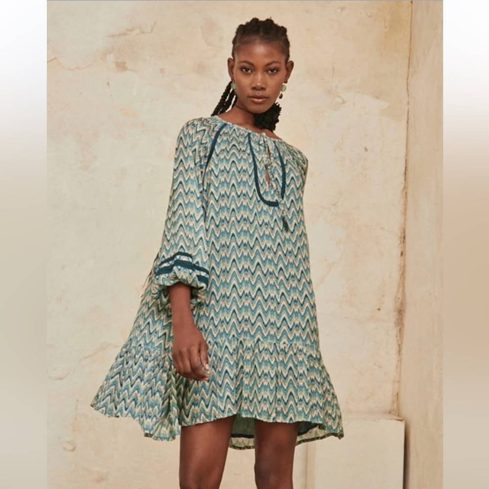 Nekane Hansu Turquoise Chevron Boho Mini Dress Tie Neck NWT S M